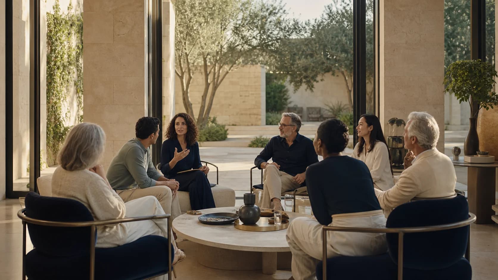 A diverse group of adults having a calm, attentive conversation in a light-filled pavilion