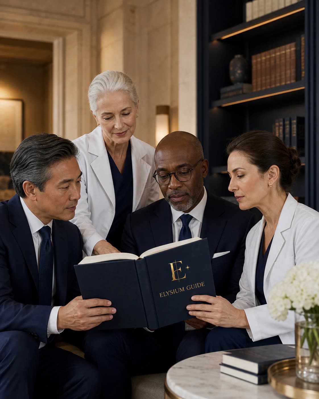 Four international physicians reading the Elysium Guide together