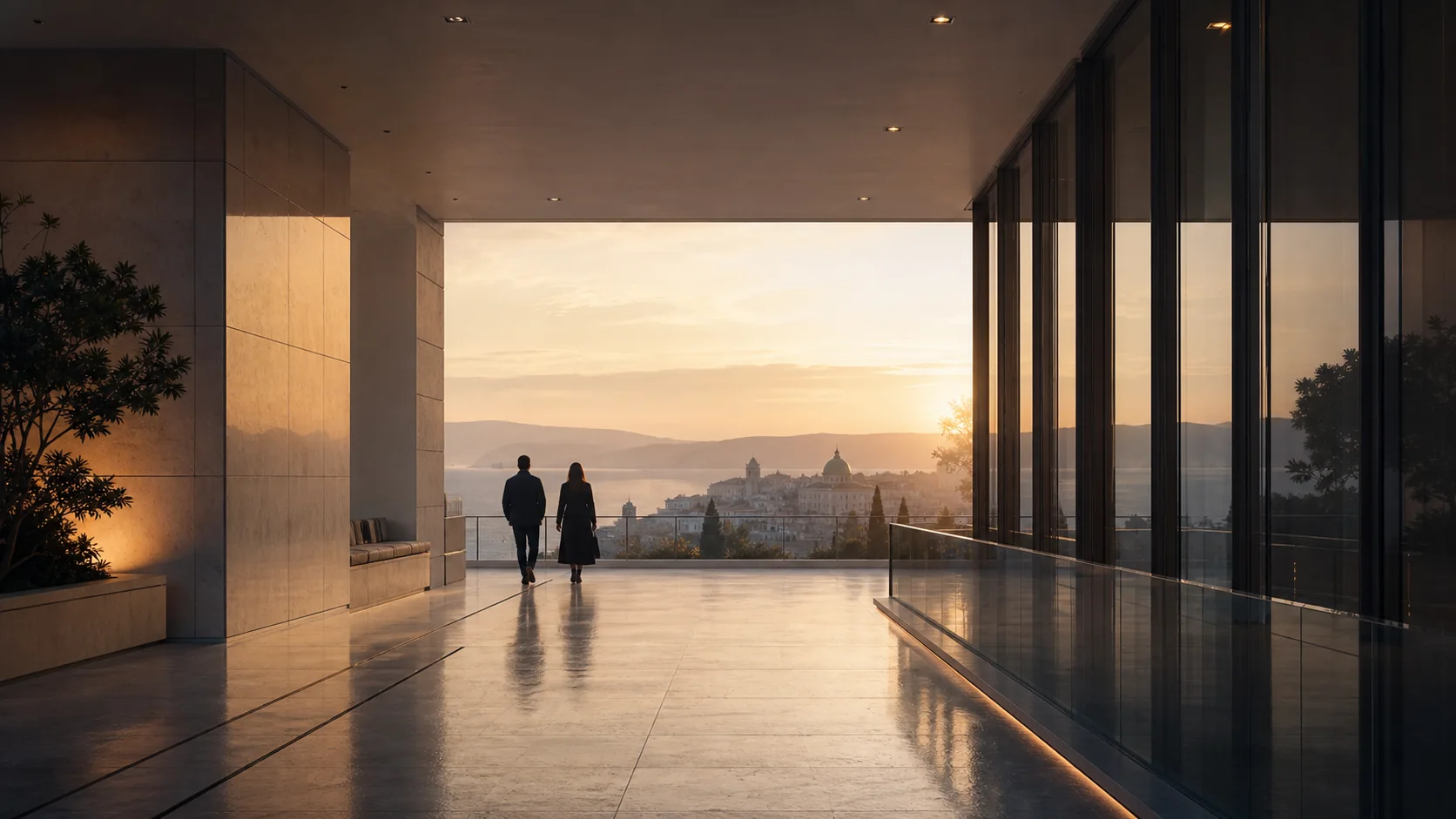 Two people walking through contemporary architecture toward a coastal European city at sunrise