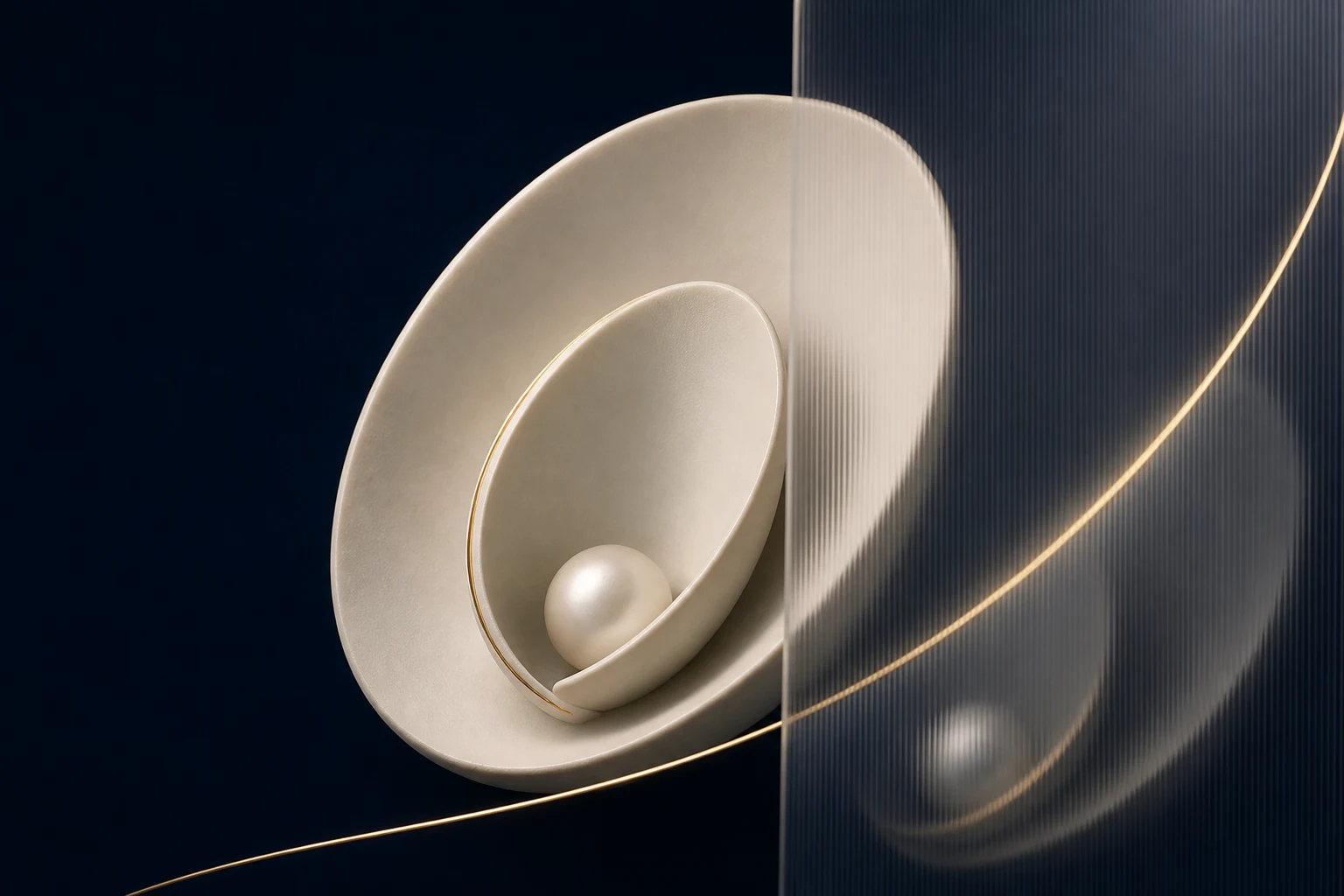 Nested ivory ovals shelter a pearl form behind a translucent privacy veil
