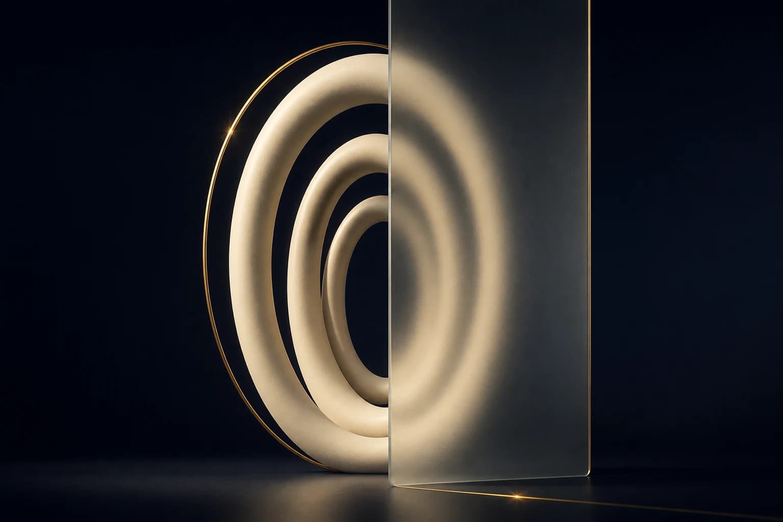 Three nested ivory oval thresholds are partly screened by frosted glass
