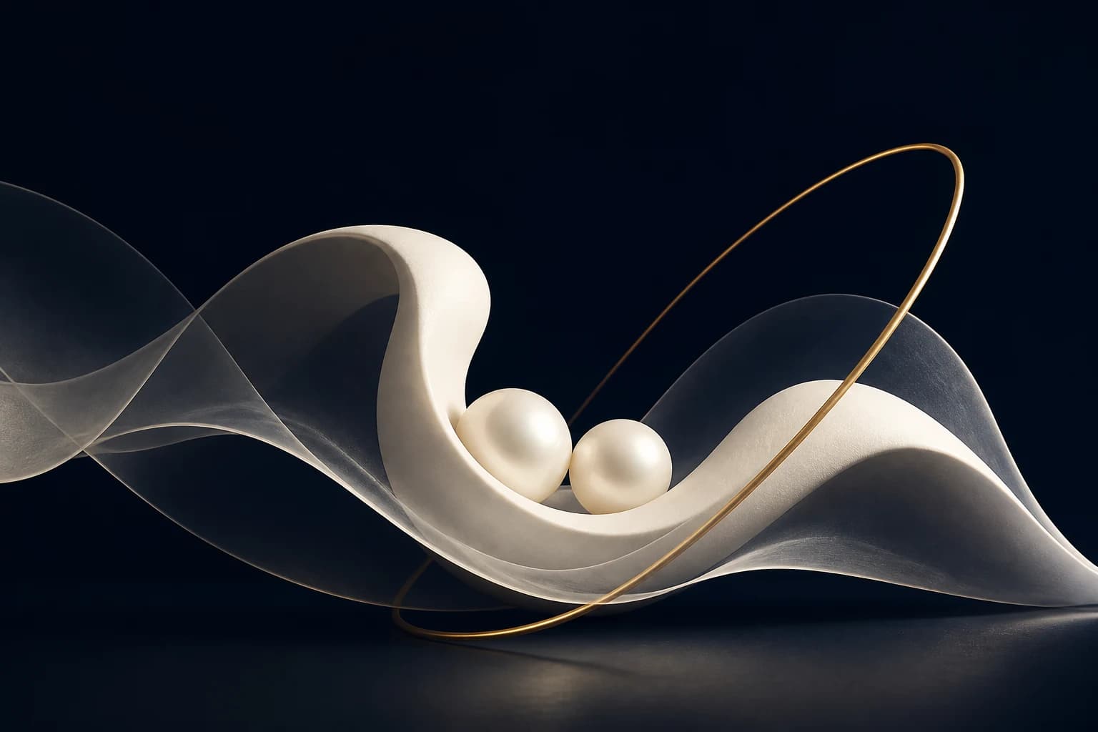 Two luminous pearl forms rest within flowing ivory and translucent ribbons