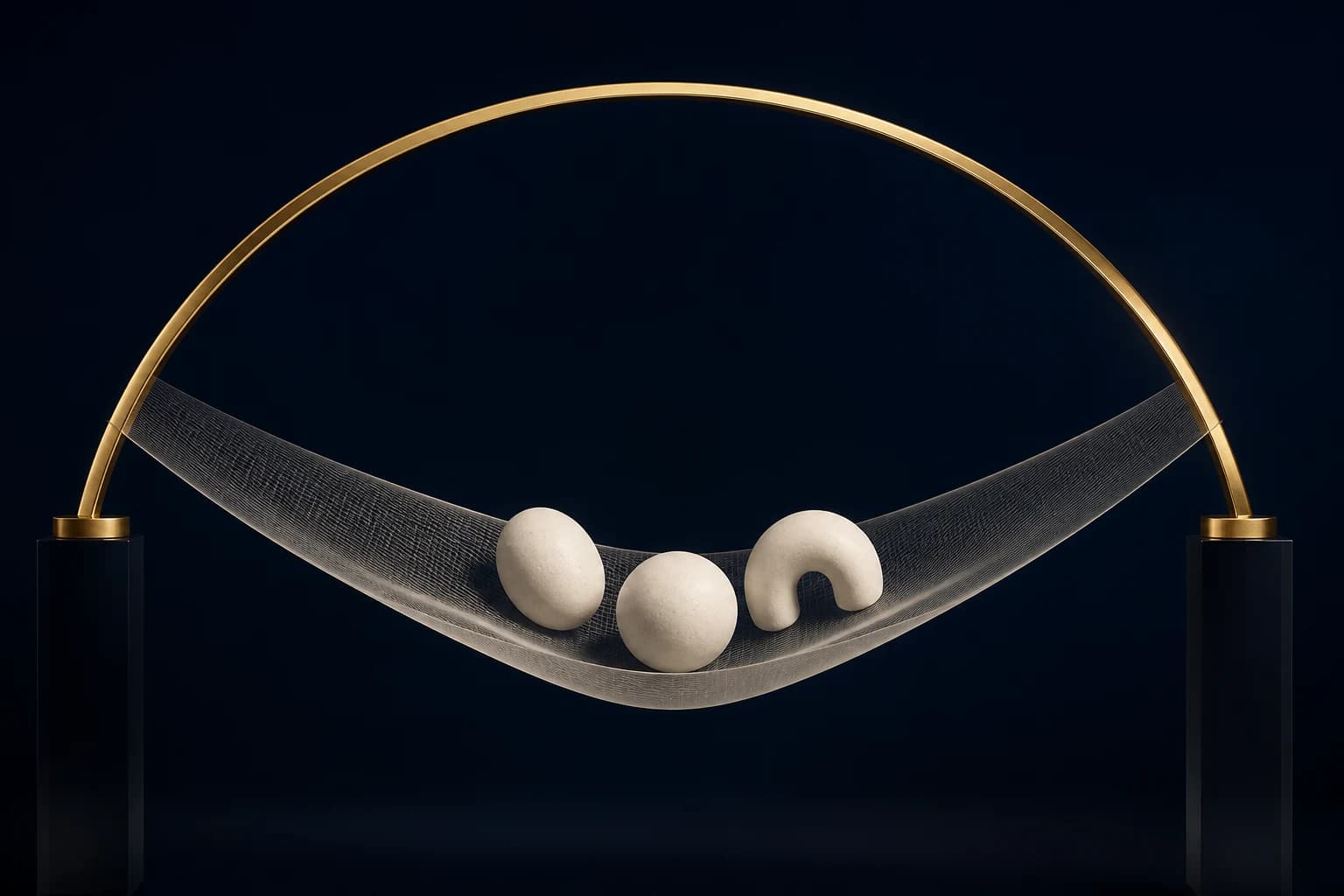 A translucent woven plane supports three ivory forms beneath a champagne arch