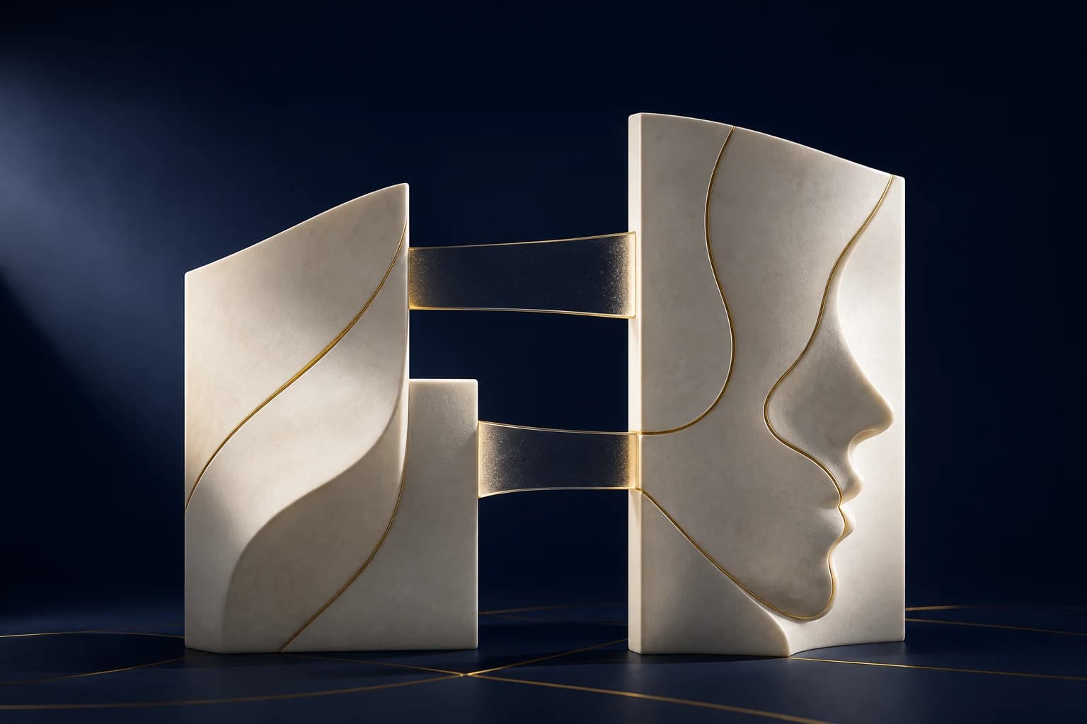 Ivory sculptural planes reconnect across translucent bridges and champagne seams