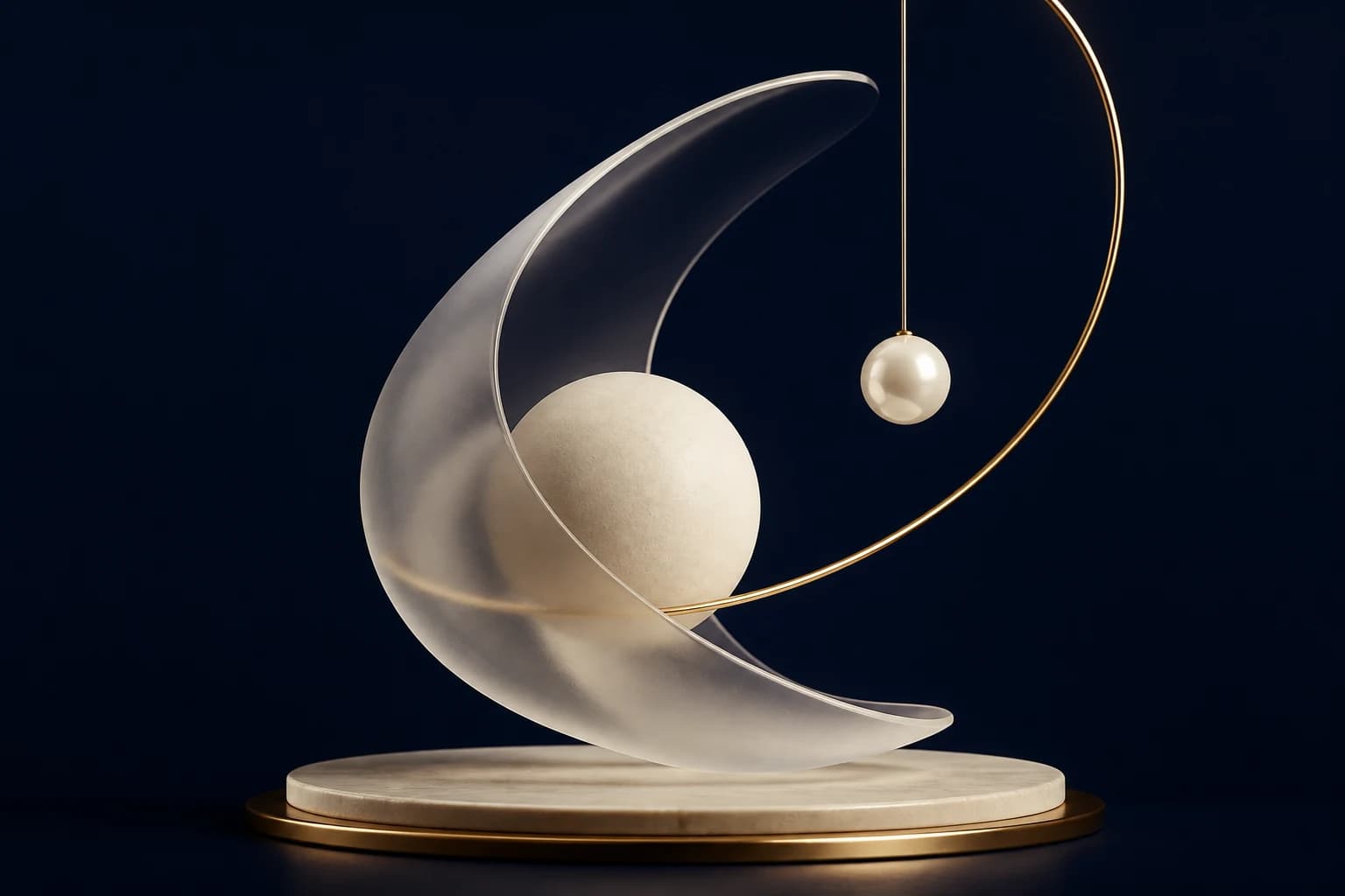 A frosted kinetic arc turns around an ivory pivot and suspended pearl