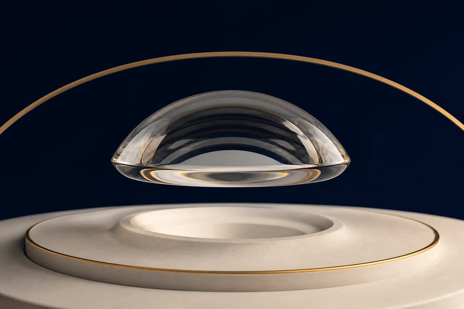 A transparent crystal dome floats above concentric ivory optical planes