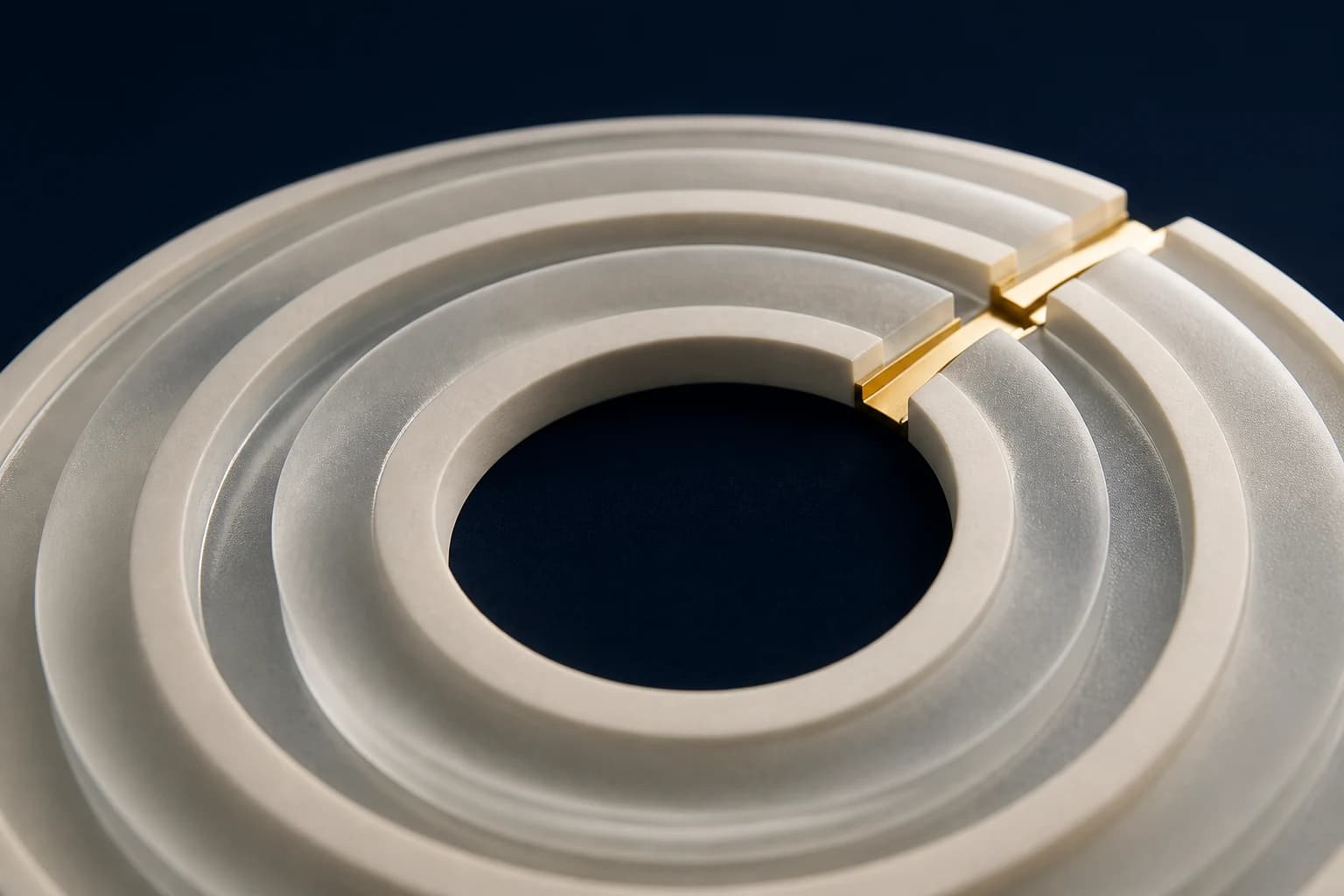 Concentric ivory and frosted rings open into a precise champagne channel