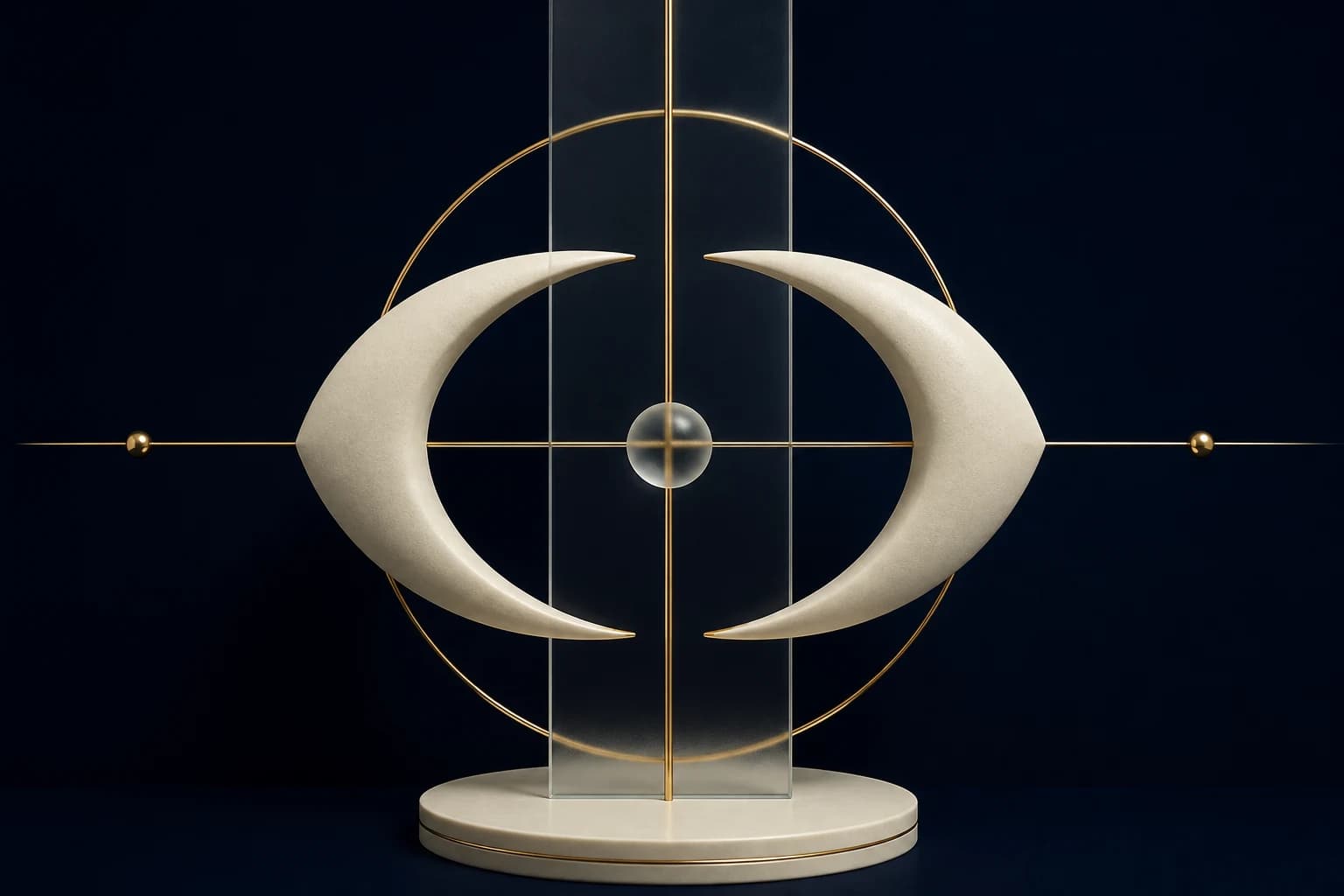 Two balanced ivory crescents meet fine vertical and horizontal alignment lines