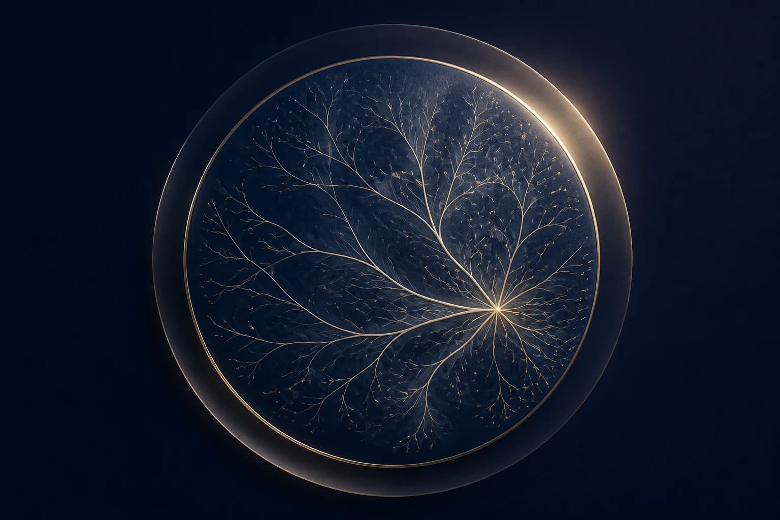 A delicate champagne branching network glows within a translucent navy disc