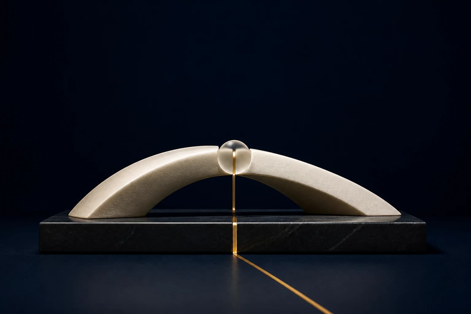 Two grounded ivory arcs balance around a glass pivot above a dark stone base