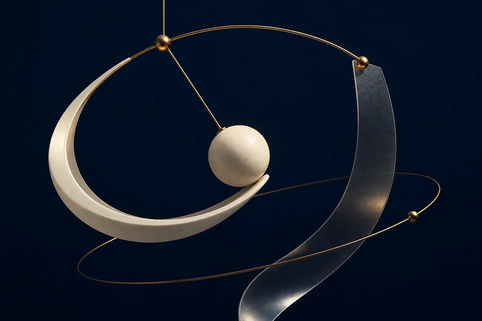A suspended ivory sphere moves within a crescent and translucent kinetic orbit