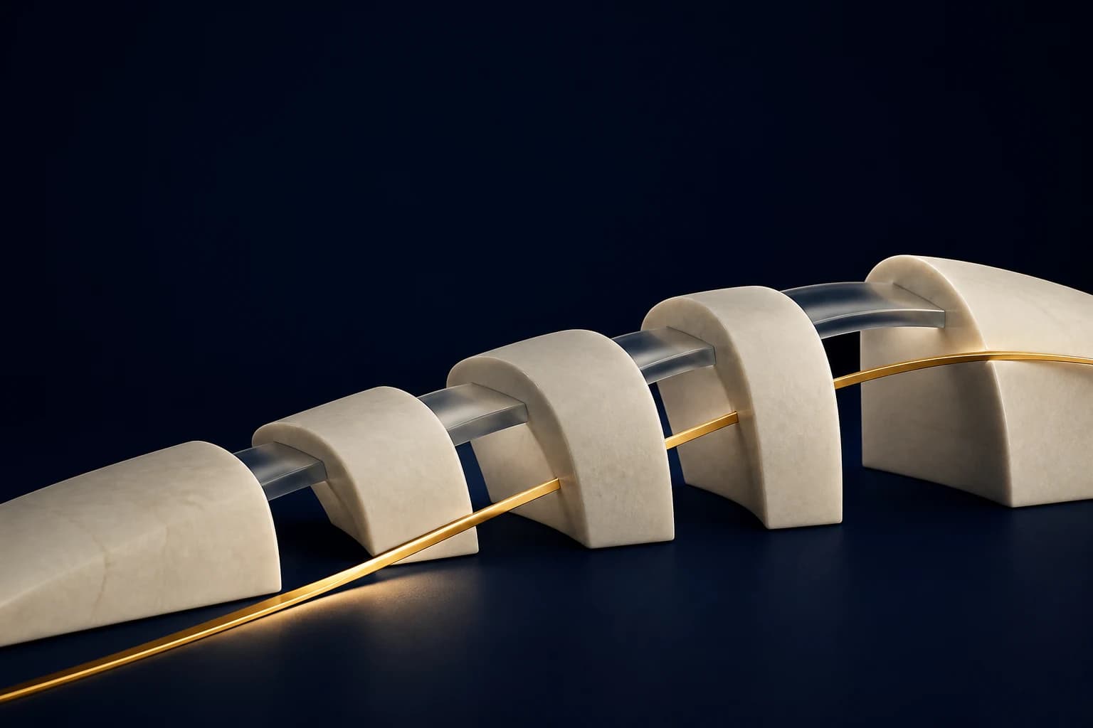 Separated ivory segments realign along translucent bridges and a champagne path