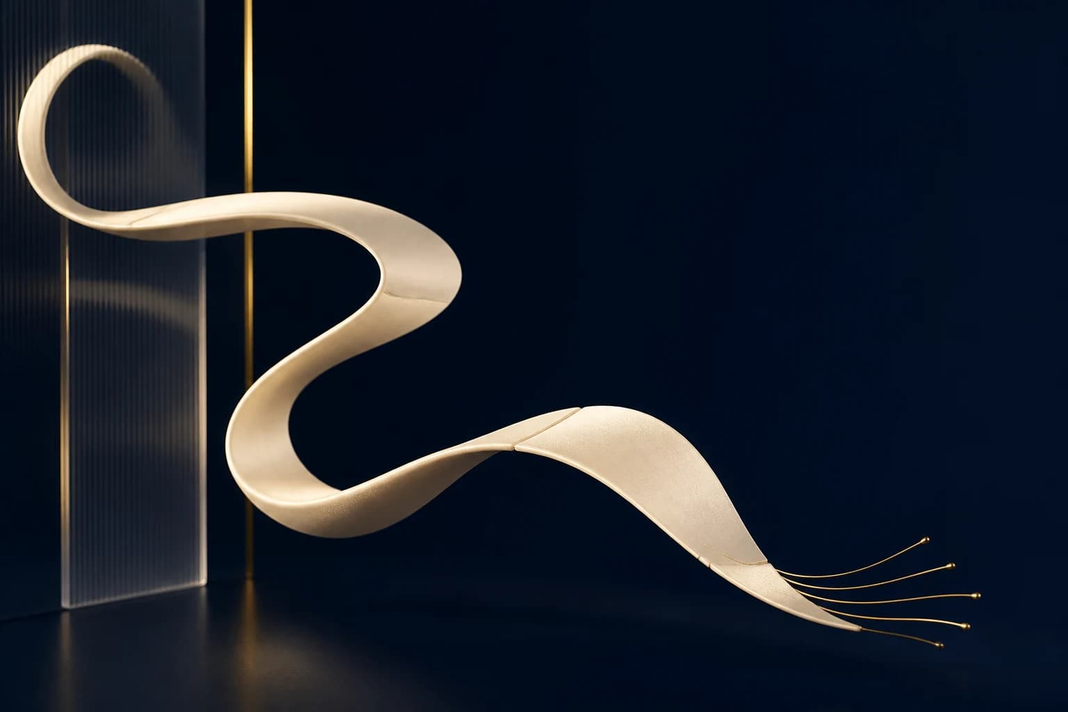 An articulated ivory ribbon flows into five fine champagne filaments