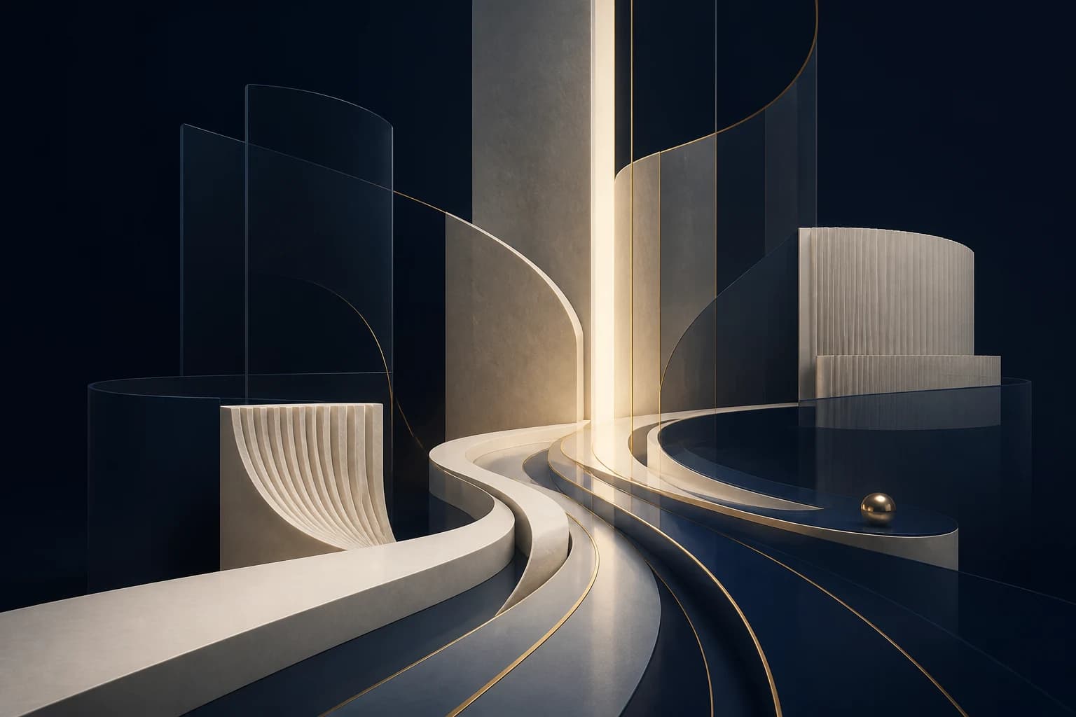 Layered ivory and navy pathways converge through a luminous architectural passage