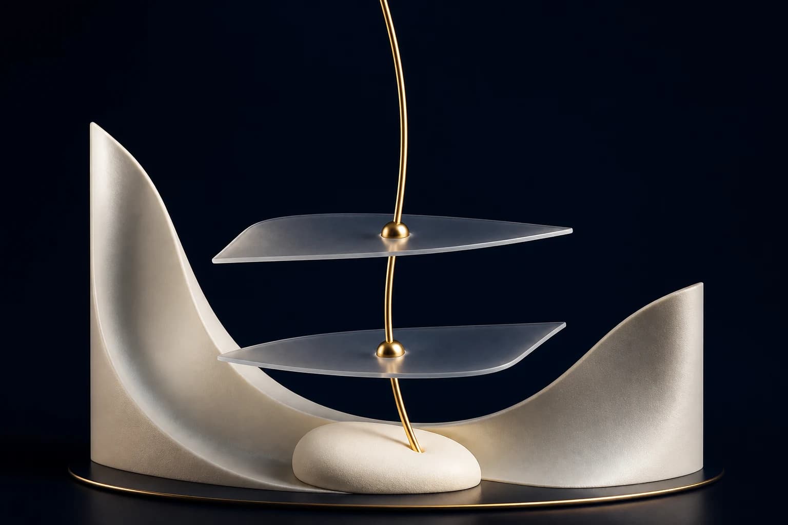 A curved champagne line returns toward balance through translucent supporting planes