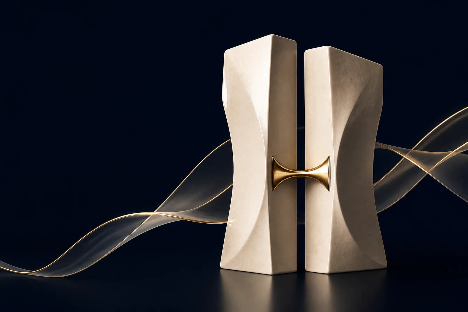 Two upright ivory structures share a champagne bridge as glass ribbons flow around them