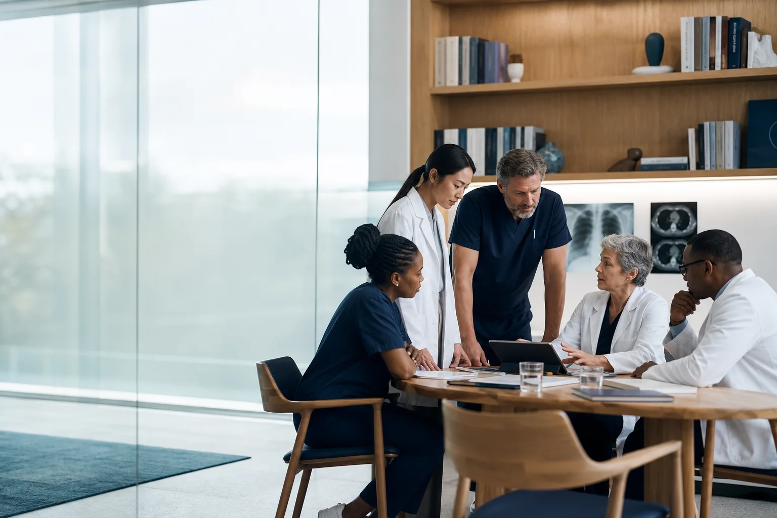 International medical team collaborating within a contemporary healthcare institution