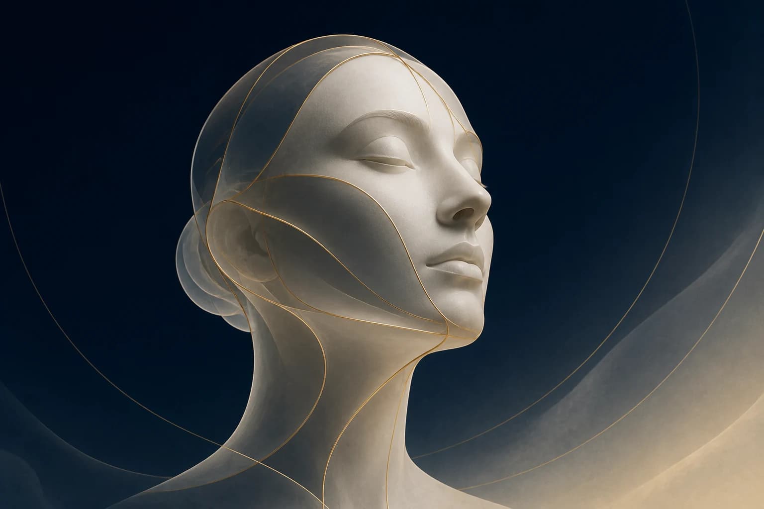 Abstract ivory sculptural face traced with champagne-gold contours on a midnight-blue background