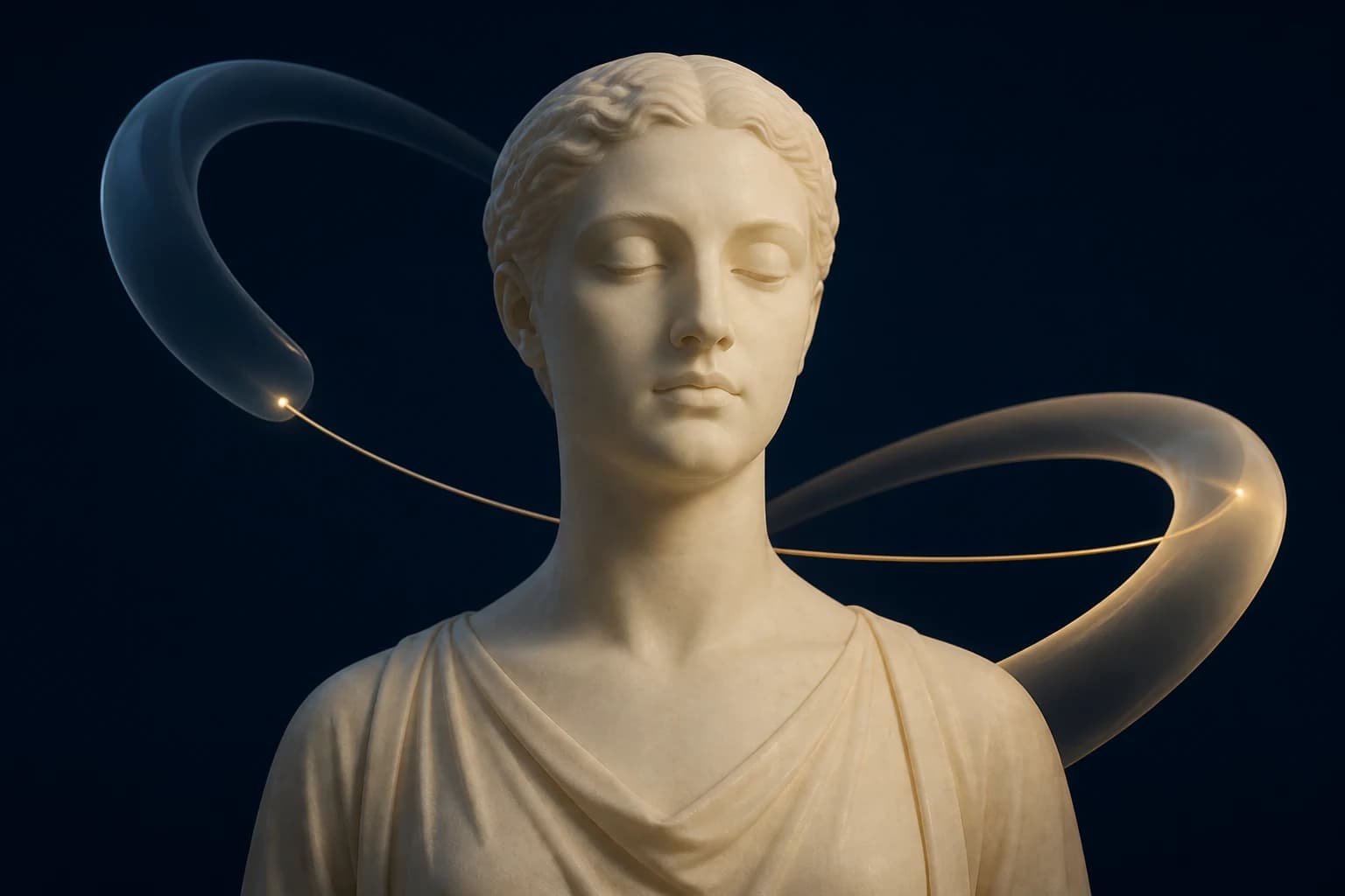 Serene ivory sculptural bust framed by translucent orbital ribbons on a midnight-blue background