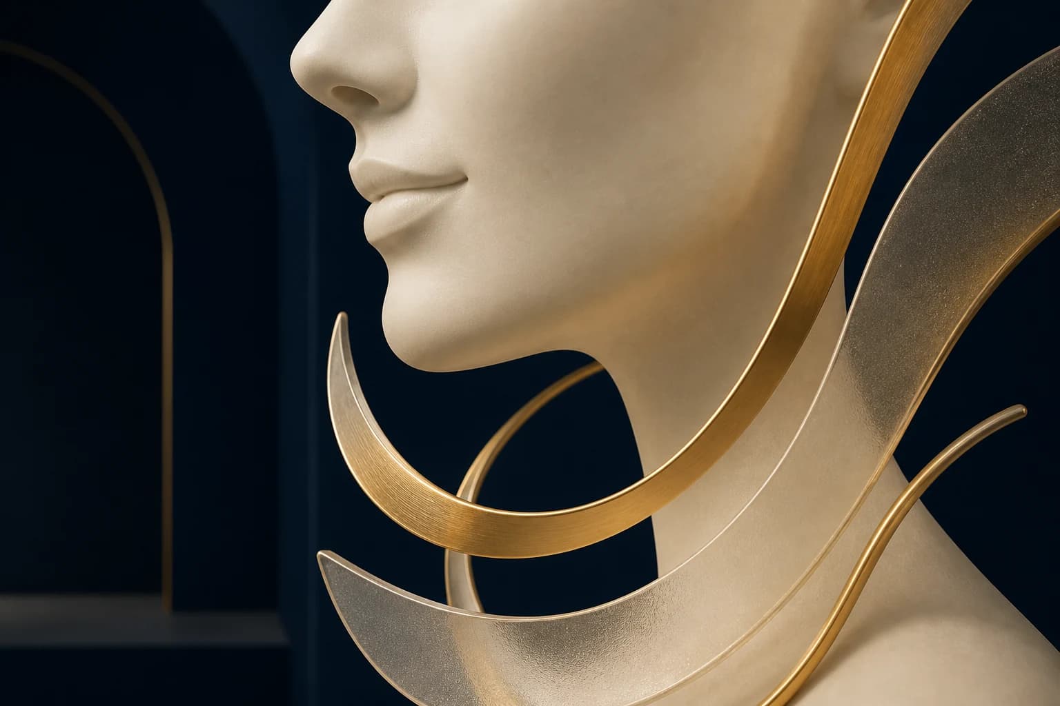 Ivory lower-face sculpture with a gentle closed smile surrounded by gold and frosted-glass arcs