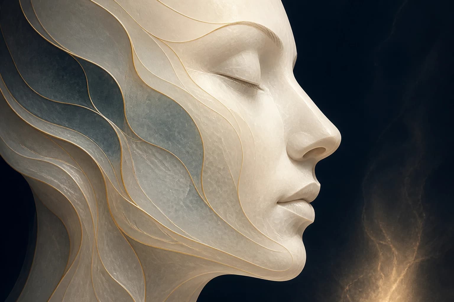 Layered ivory face in profile with delicate champagne-gold topographic contours