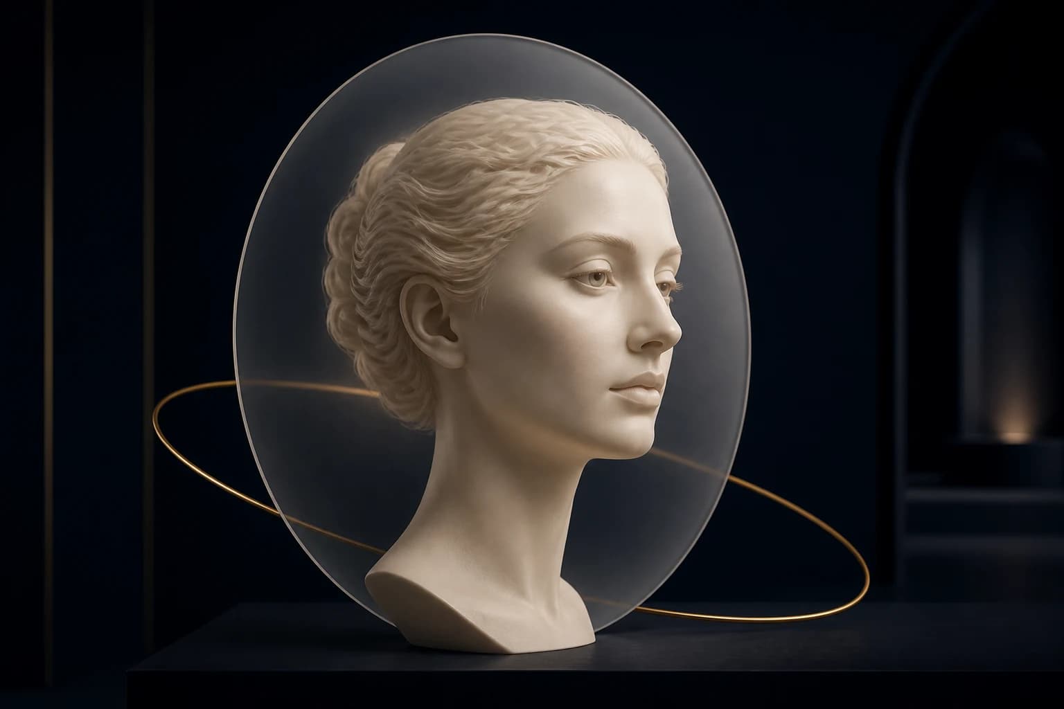 Ivory feminine sculptural portrait set before a frosted oval and a fine gold orbit