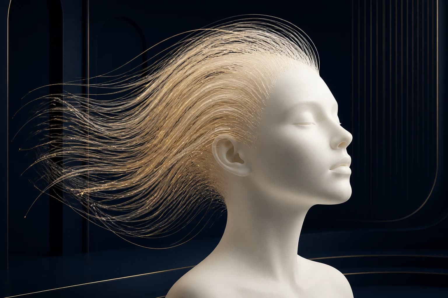 Ivory sculptural profile with hundreds of fine champagne-gold filaments flowing like hair