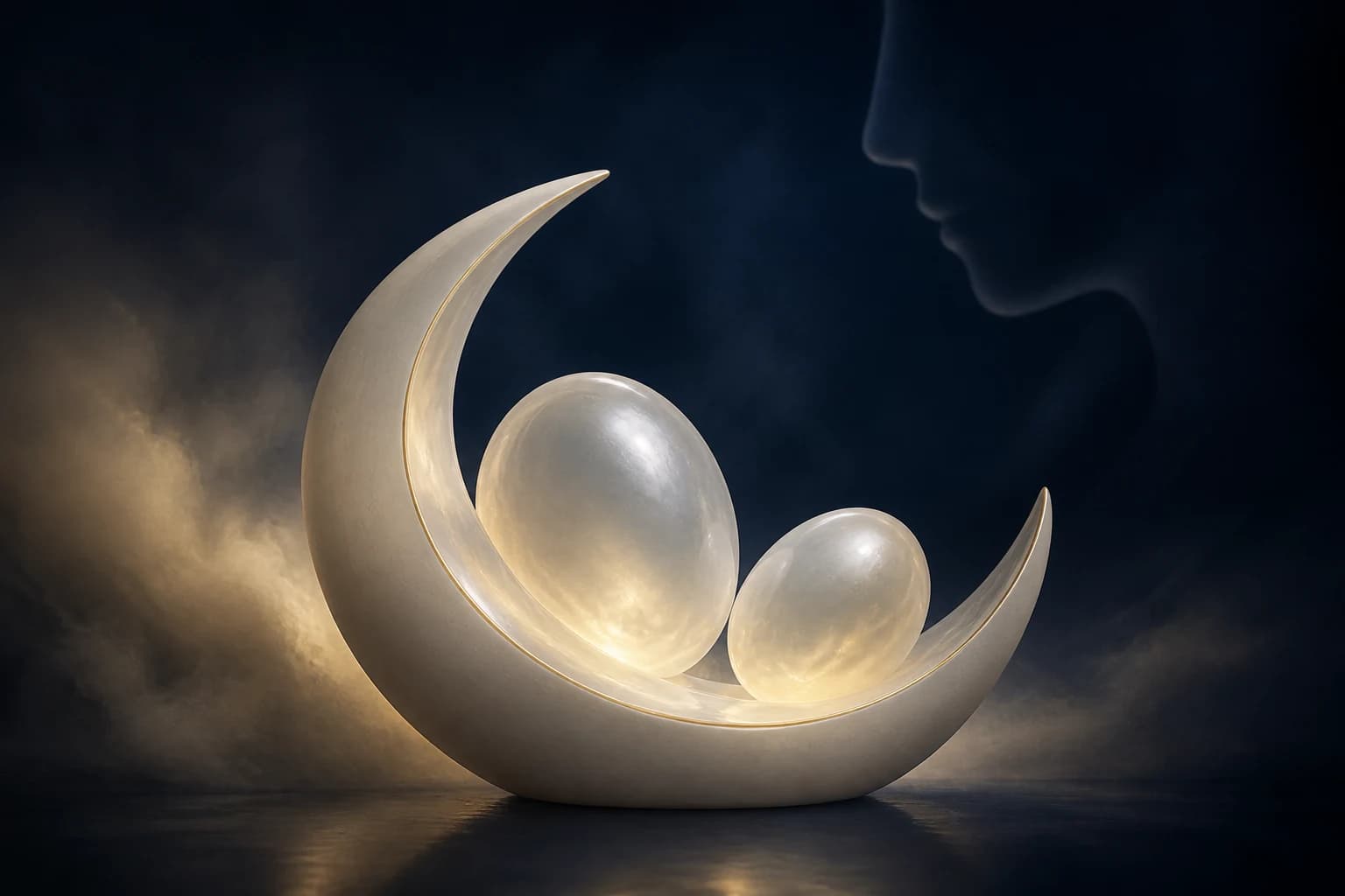 Two luminous pearl forms cradled by an ivory arc beneath a quiet human profile