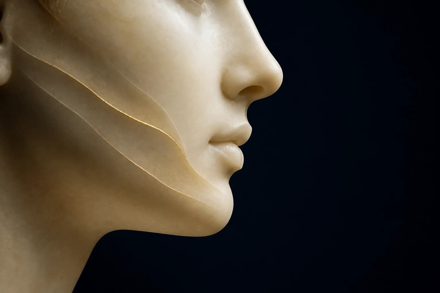 Ivory sculptural face in profile with translucent jaw layers joined by a fine gold line