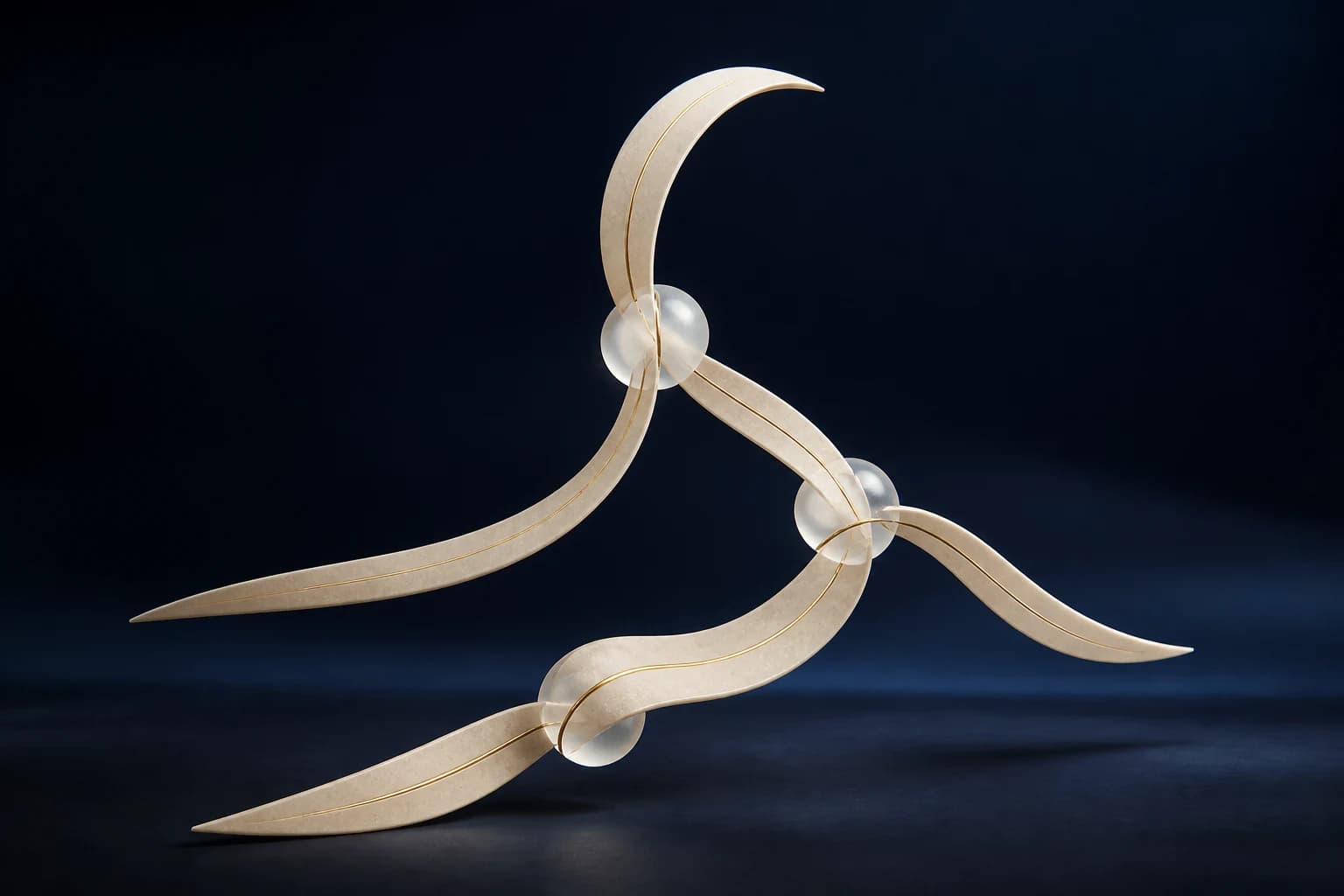 Abstract ivory kinetic sculpture with translucent articulations and a continuous gold line