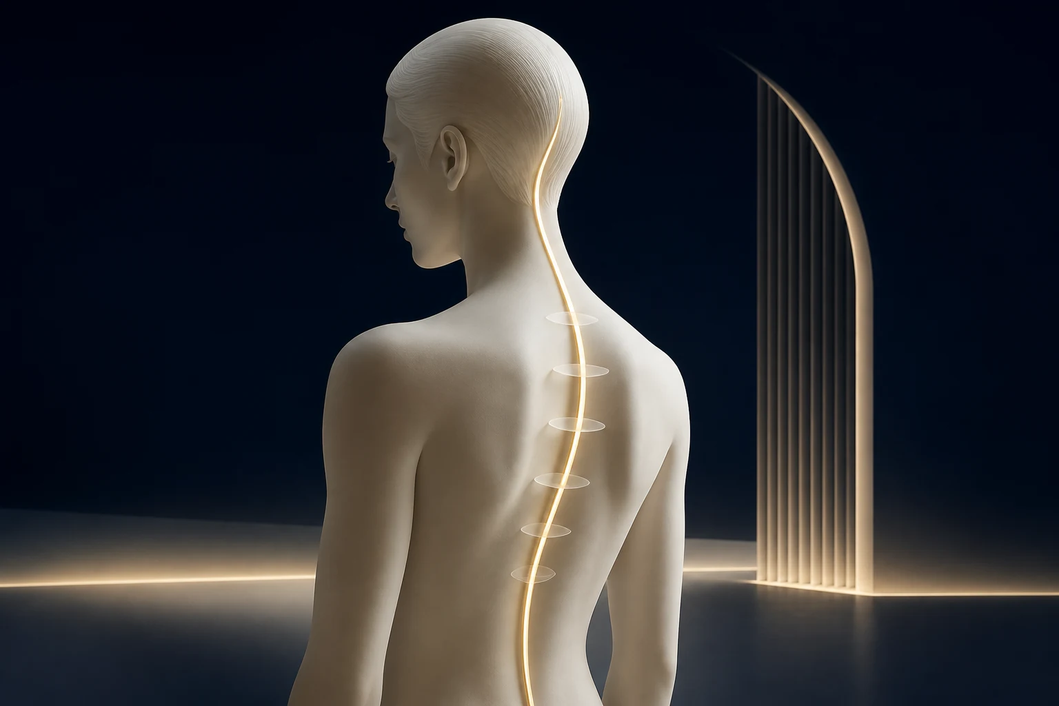 Ivory figure seen from behind with a gold line following the natural curve of the spine