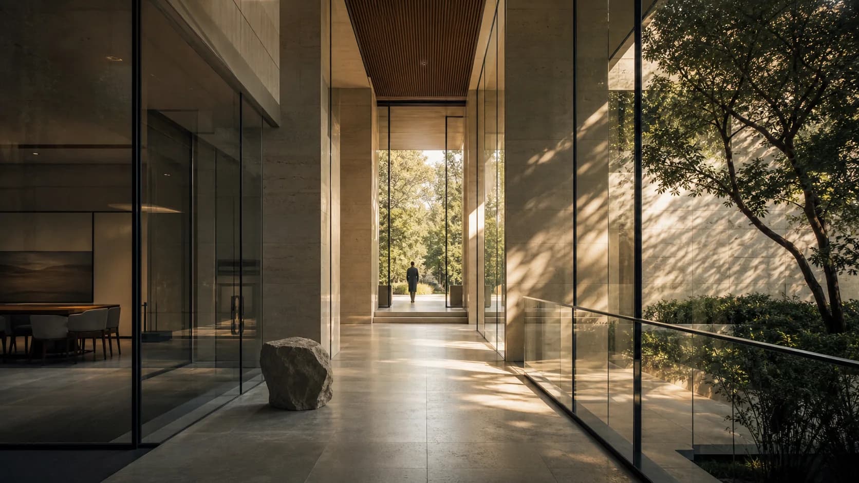 Transparent glass and limestone architecture opening onto a sunlit garden