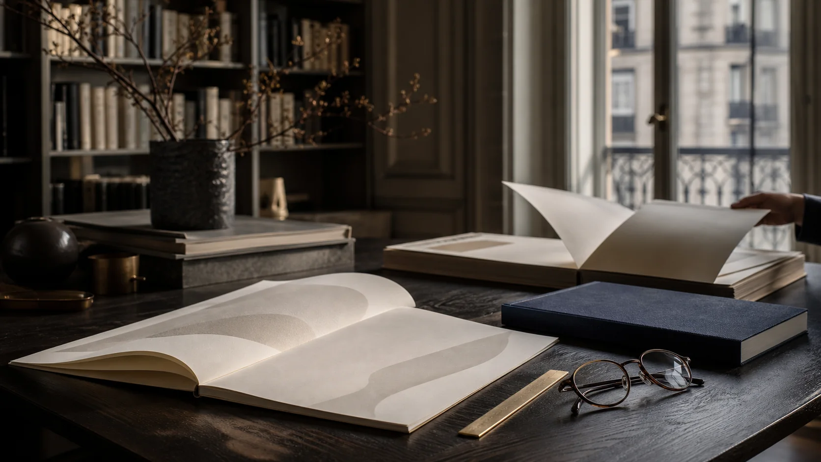Open ivory folios and a navy volume in an elegant European reading room