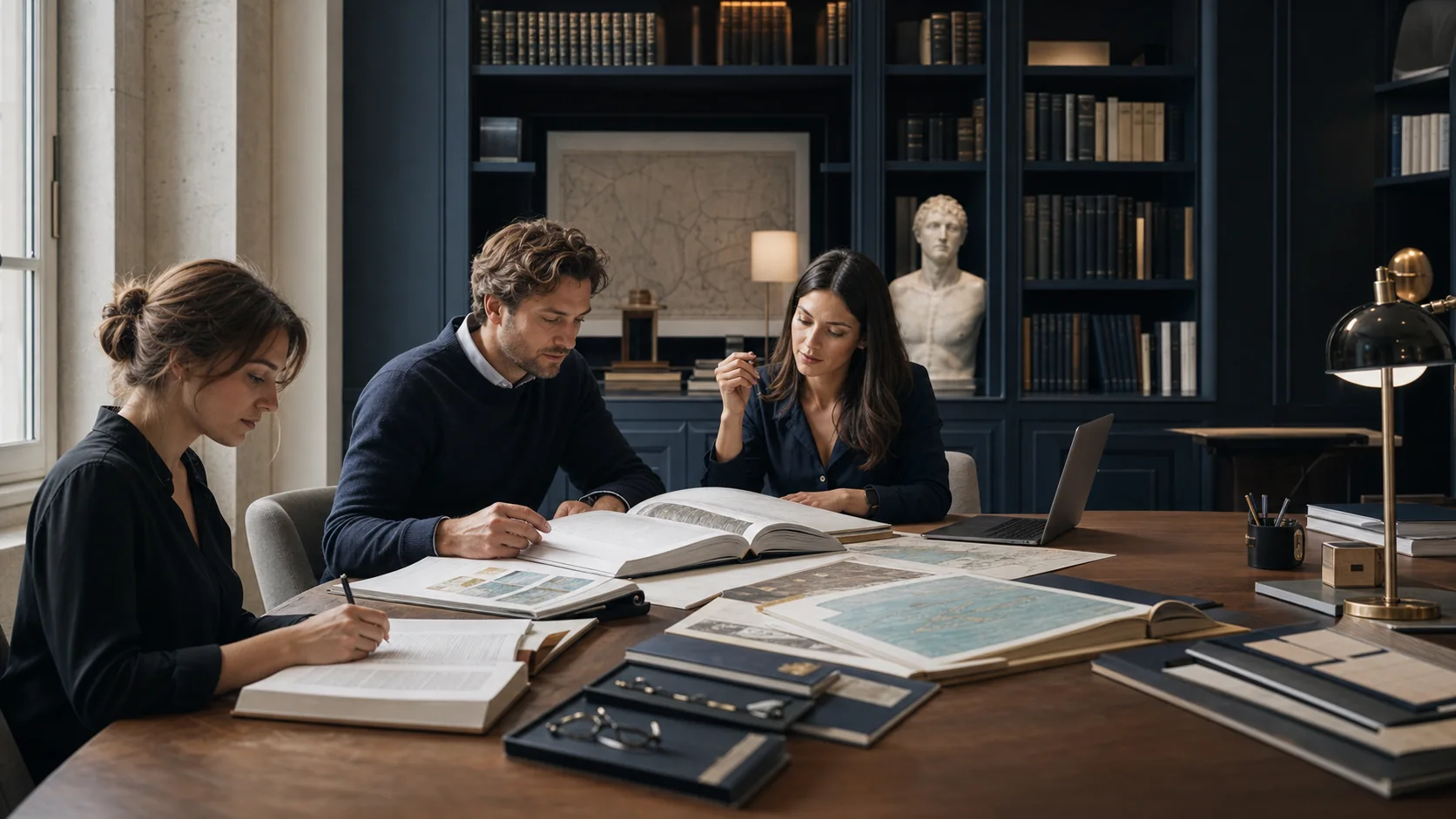 Editores e investigadores revisan libros, mapas y notas en una elegante biblioteca de trabajo